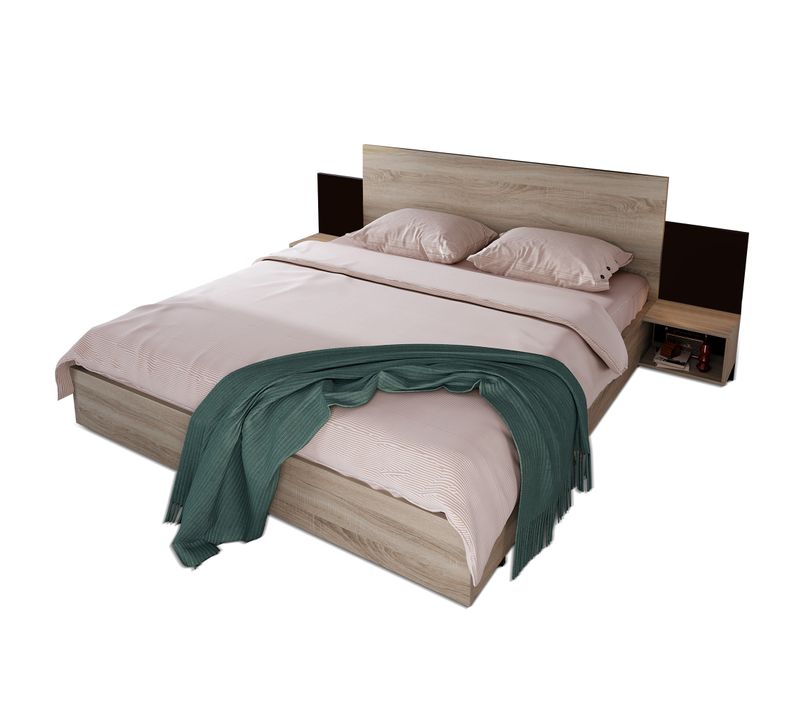 Lit Double 160x200 Cm - Lit Adulte Avec Cadre En Bois Et 2 Tables De Chevet - Lin, Naturel