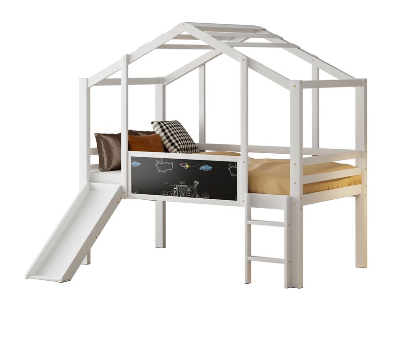 Lit Mi-haut Enfant 90x200 Cm, Toboggan, échelle Sécurisée, Aire De Jeu, Tableau, Blanc