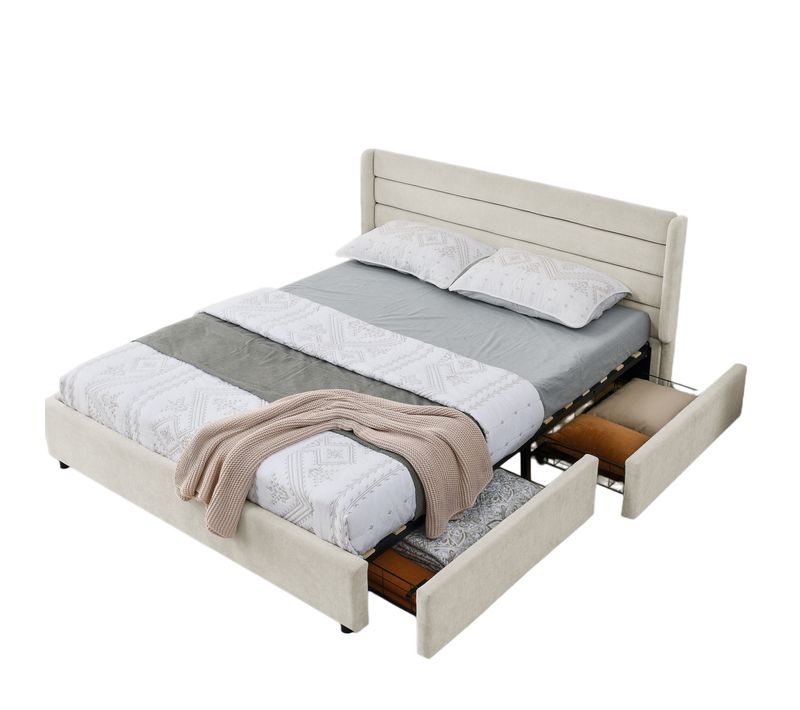 Lit Double 160×200 Cm Capitonné Avec 4 Tiroirs, Montage Facile, Chambre Parentale Ou Invité, Beige
