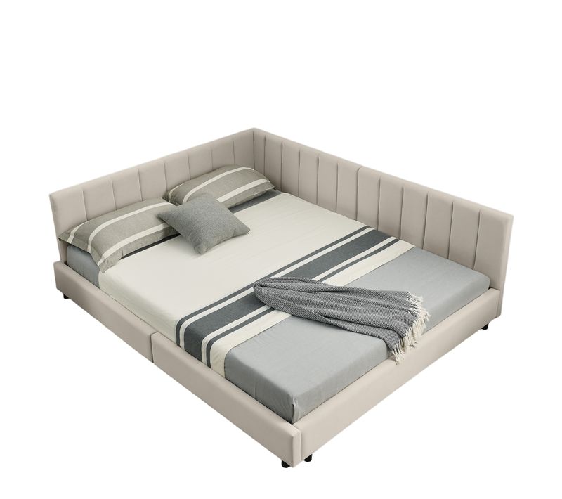 Lit Banquette Double 160×200 Cm Avec Haut Dossier, Confort, Velours Beige