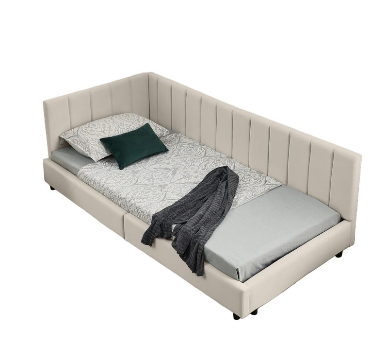 Lit Banquette 90x200 Cm Simple Enfant Avec Velours Doux, Haut Dossier, Design Moderne, Beige