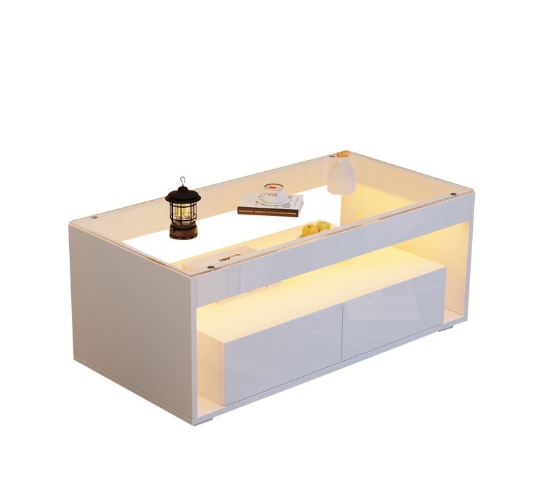 Table Basse Moderne - Meubles De Salon Avec LED Et Rangements, Mdf + Verre Trempé, Blanc