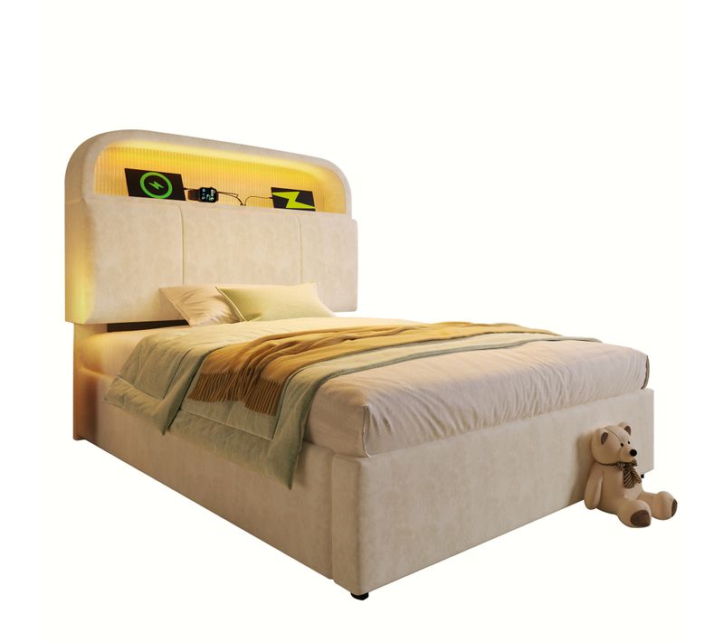 Lit Coffre 90x200 Cm, LED, Tête De Lit Réglable, USB/type-c, Rangement Hydraulique, Velours Beige