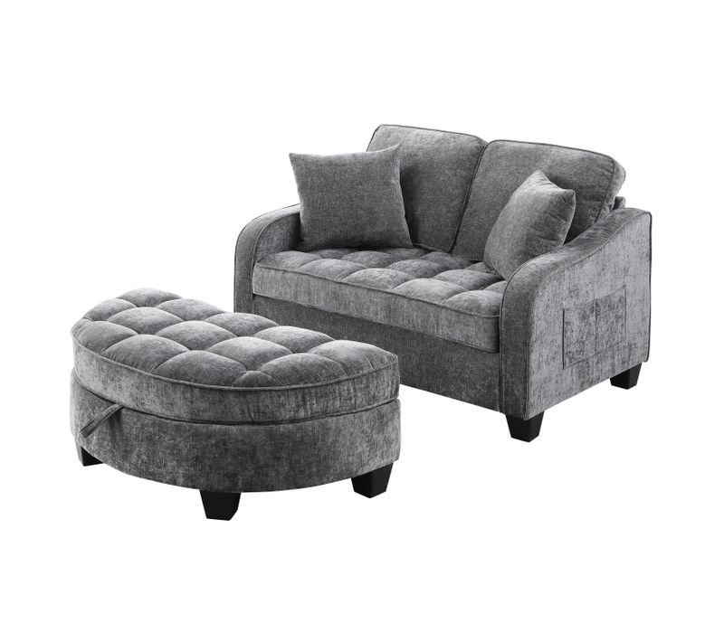 Fauteuil Convertible Compact Avec Pouf De Rangement, Revêtement Chenille, Bois, Gris Foncé