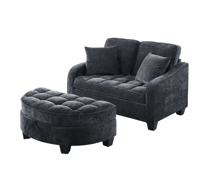 Fauteuil Convertible Compact Avec Pouf De Rangement, Revêtement Chenille, Structure En Bois, Noir