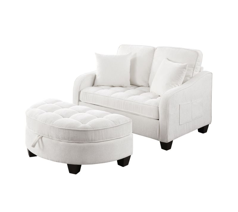Fauteuil Convertible Compact Avec Pouf De Rangement, Revêtement Chenille, Structure En Bois, Beige