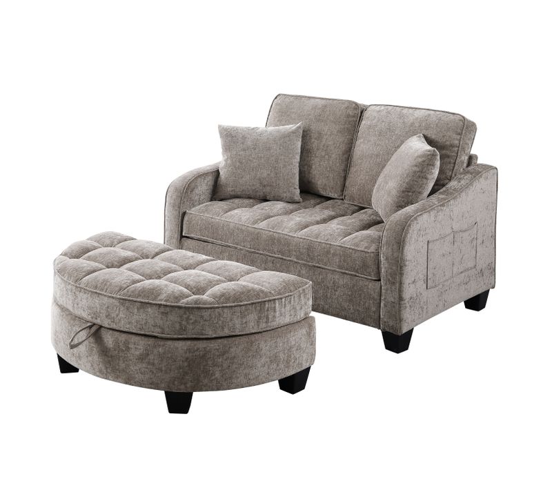 Fauteuil Convertible Compact Avec Pouf De Rangement, Revêtement Chenille, Structure En Bois, Brun