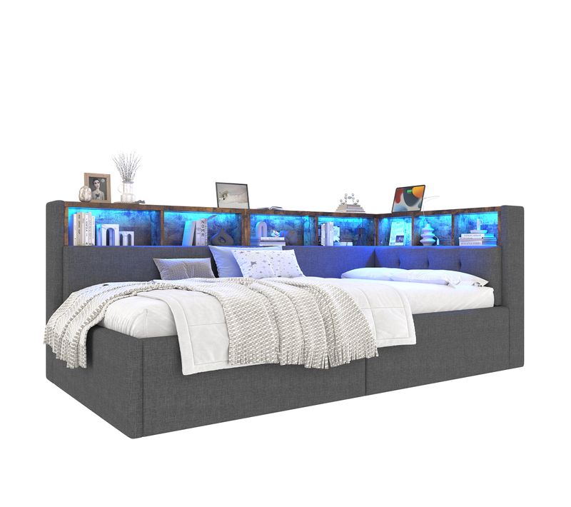 Lit Banquette 90×200 Cm, LED Multicolore, USB Et Type-c, Coffre, Rangements, Tissu Gris