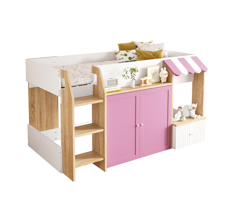 Lit Mezzanine Enfant 90x200 Cm Avec Échelle Et Rangement Ouvert - Bois  Naturel Et Rose