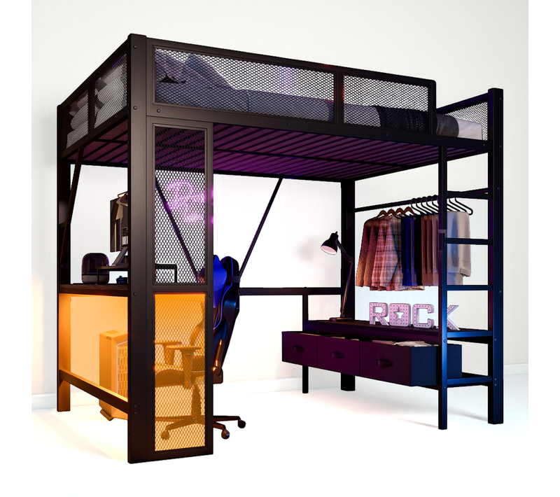 Lit Mezzanine 140x200 Cm - Bureau Et Armoire, Tiroirs De Rangement, LED Et USB, Métal Noir