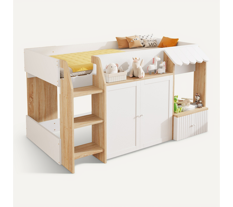 Lit Mezzanine Enfant 90x200 Cm Avec échelle Et Rangement Ouvert - Bois Naturel Et Blanc