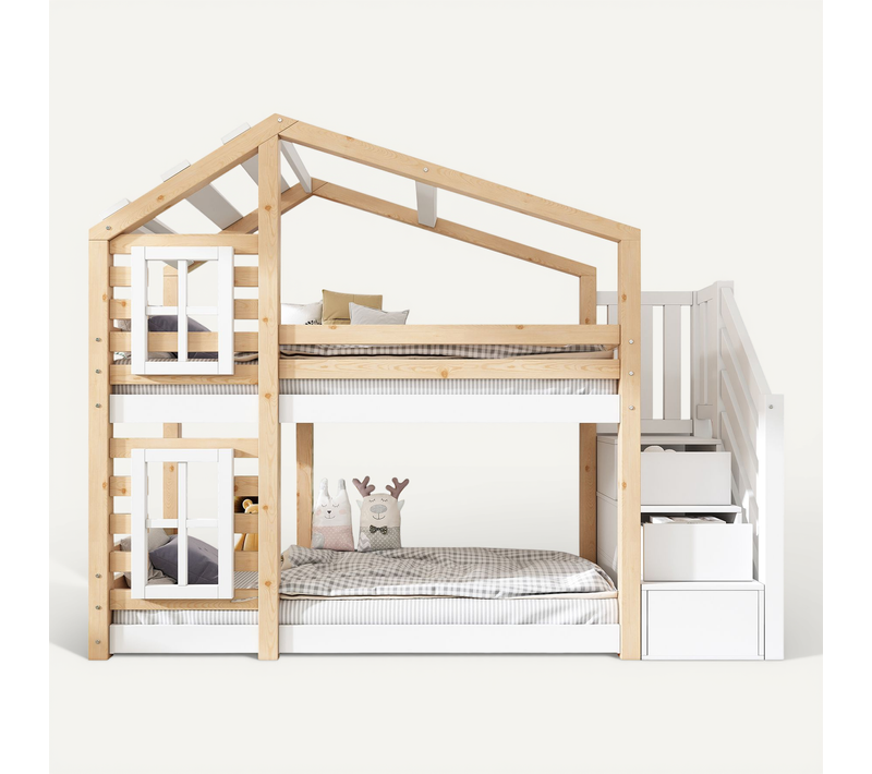 Lit Superposé 90x200 Cm Cabane Enfant Avec Escalier De Rangement, Pin Naturel Et Blanc
