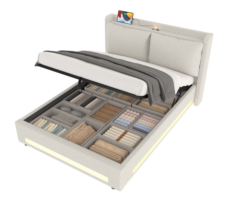Lit Coffre 140x200 Cm Lit Double Capitoné, Avec LED Intégrée Et Port USB-c, Lin Beige