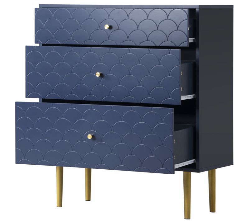 Buffet 3 Tiroirs, Rangement Salon Ou Chambre, Tiroirs Métal, Panneau Aggloméré, Bleu Marine