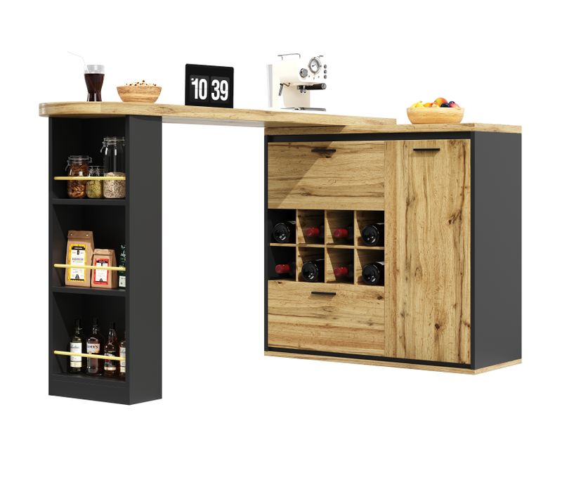 Table Bar - Table Avec Casier à Vin, Tiroirs, Plateau Allongeable Et Étagères Ouvertes - Mdf Bois