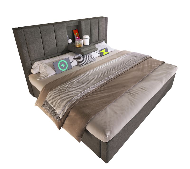 Lit Coffre Double 180×200 cm, Rangement Hydraulique, Station De Charge, Cup Holder Caché, Lin Gris