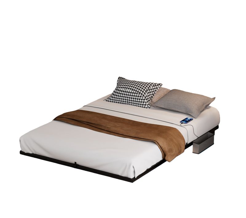 Lit Double 160x200 Cm Métal Flottant Avec éclairage LED Et Ports USB Type-c, Design Moderne, Noir