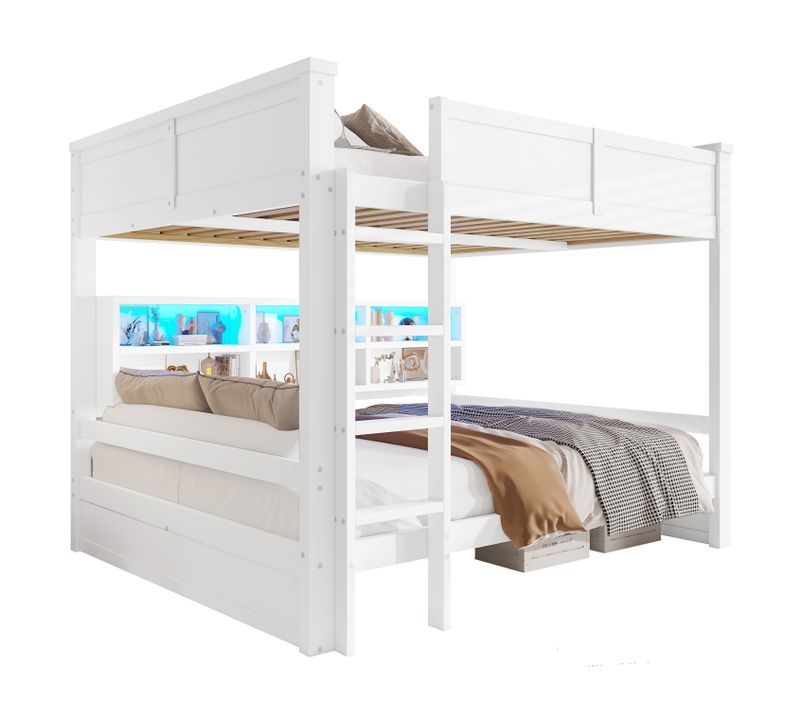 Lit Superposé 160x200 Cm - Avec Rangement Intégré Et LED - Bois, Mdf, Blanc