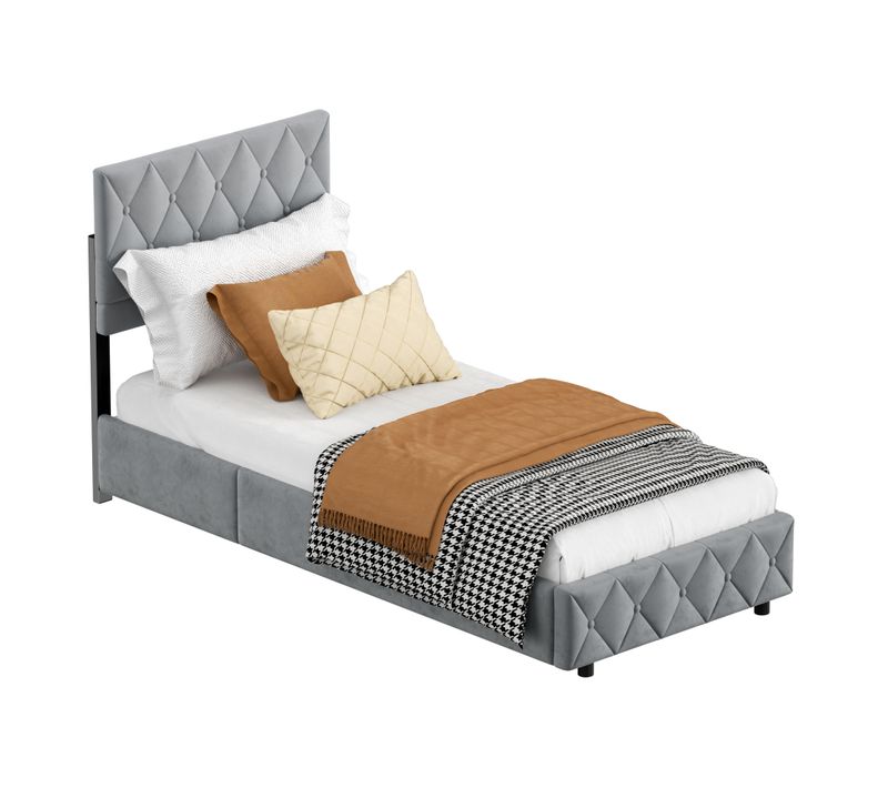 Lit Coffre 90x200 Cm Velours Gris Clair, Boxspring Avec Rangement Hydraulique Et Coffre