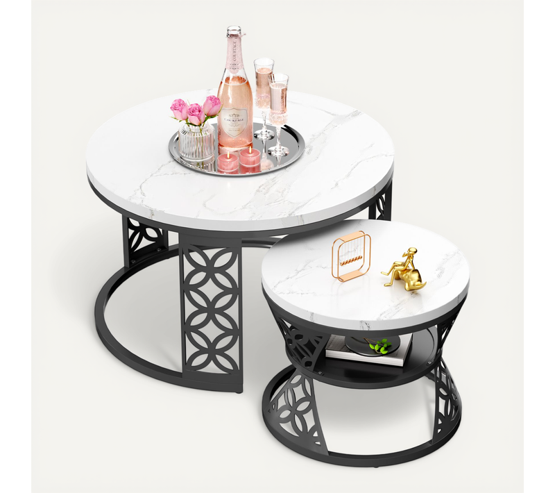 Table Basse Gigogne 2p - Rondes Empilables Effet Marbre Avec Pied Métal - Blanc/noir