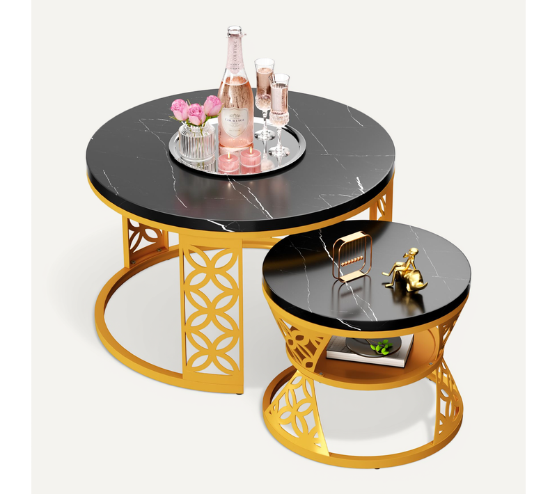 Table Basse Gigogne 2p - Rondes Empilables Effet Marbre Noir Avec Pied Doré - Noir/or