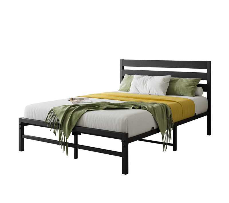 Lit En Métal 140x200 Cm - Lit Double Moderne Noir Pour Chambre D'amis Ou Ado - Cadre Solide