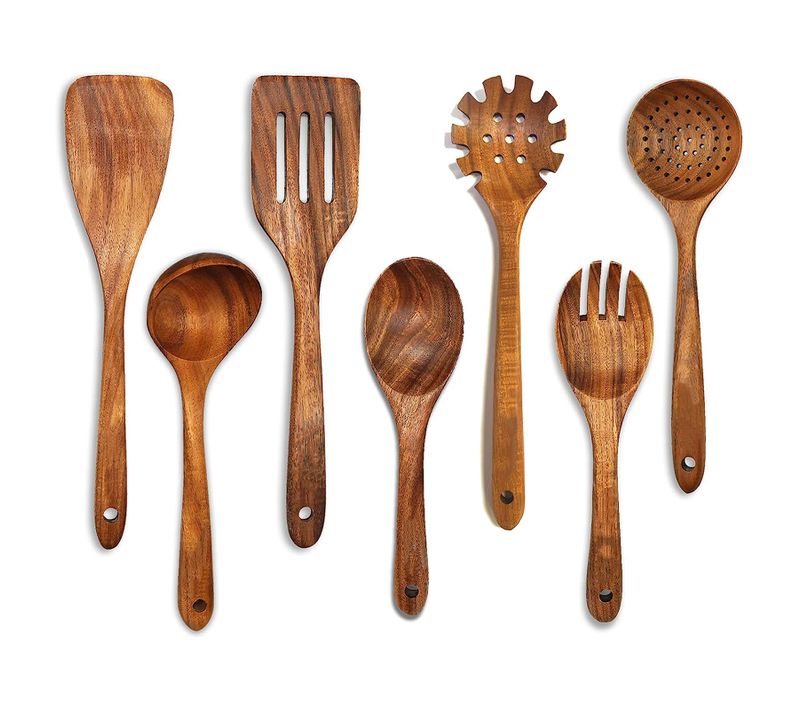 Cuillères En Bois Pour Cuisine, Set 7 Pièces, Ustensiles Et Spatules En Bois