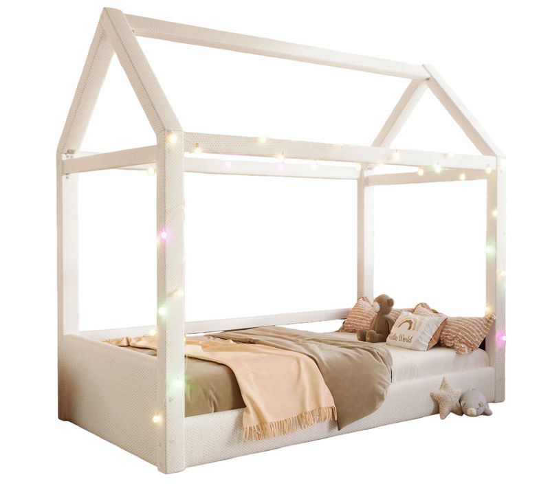 Lit Simple 90 X 200 Cm - Éclairage LED Intégré, Gain De Place Pour Chambre, Bois, Beige