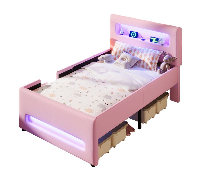 Lit Simple 90 X 200 Cm - Avec Tiroirs De Rangement Et Éclairage LED Intégré - Pu + Mdf, Rose