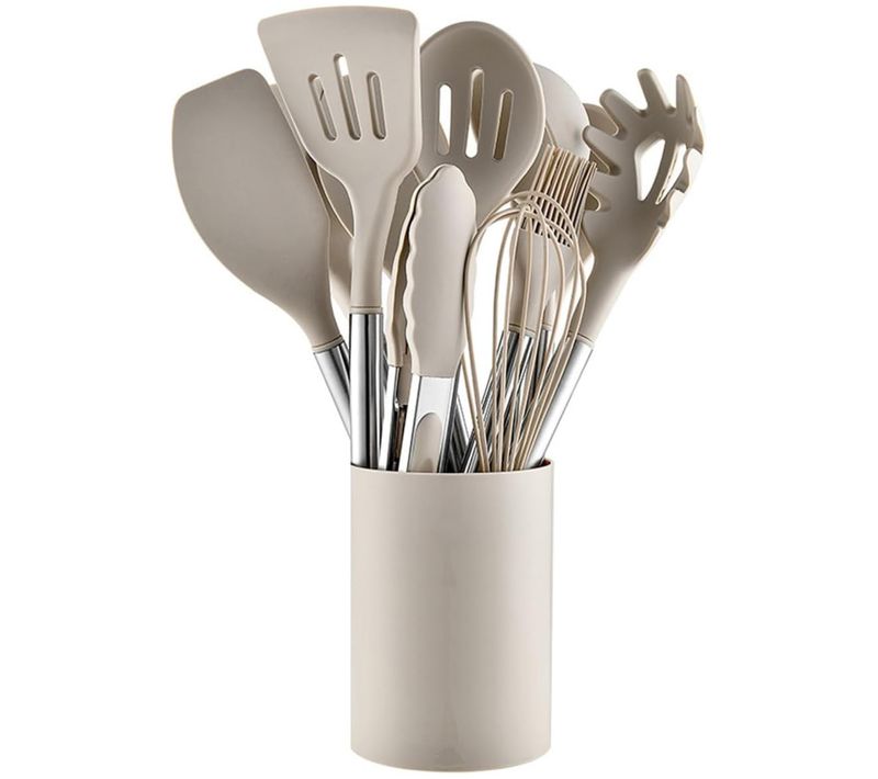 Ustensiles De Cuisine Lot De 12, Silicone Antiadhésif, Poignées Confortables, Beige