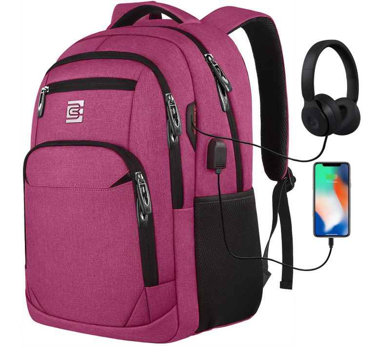 Sac à Dos Ordinateur 17,3" Business Imperméable USB Multiples Poches Daypack Rose Rouge