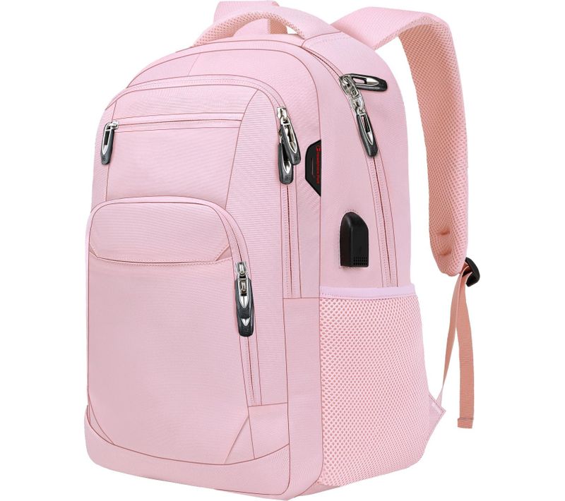 Sac à Dos Ordinateur 18" Résistant Eau USB Antivol Compartiment Laptop Rose