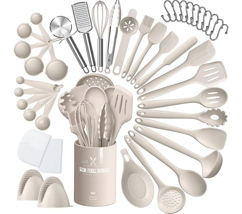 Ustensiles De Cuisine - Set 43 Pièces Avec Têtes En Silicone - Résistant à La Chaleur - Kaki