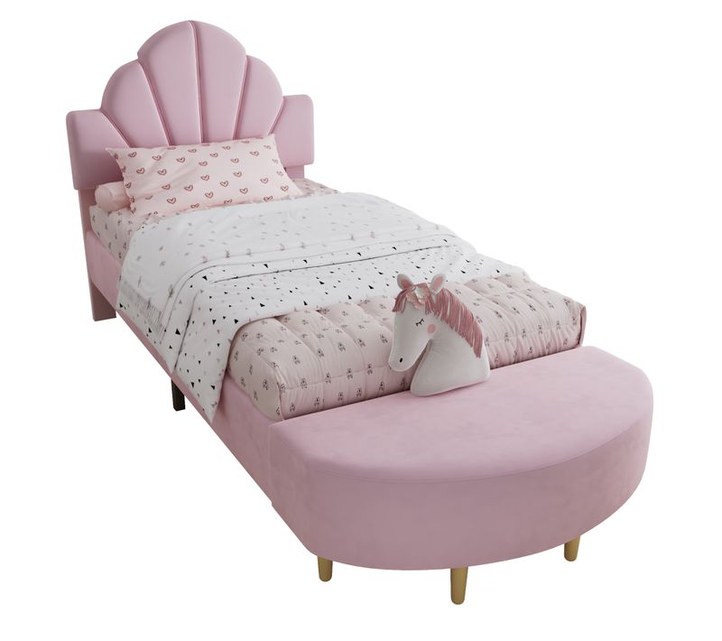 Lit Simple Enfant 90x200 Cm Capitonné, Tête De Lit Velours, Banc, Mousse Anti-chocs, Rose