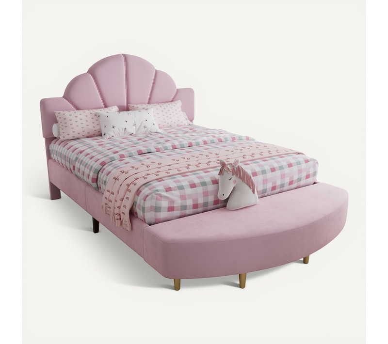 Lit Double Ado/enfant Capitonné 140x200 Cm, Tête De Lit Velours Et Banc, Mousse Anti-chocs, Rose