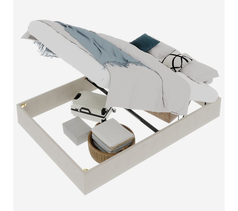 Lit Coffre Adulte 160x200 Cm - Moderne Avec Vérin, Sans Tête, Velours Beige