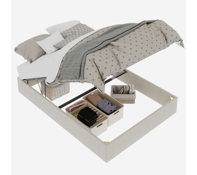 Lit Coffre Double 140x200 Cm - Lit Ado Avec Vérin Hydraulique, Sans Tête, Velours Beige
