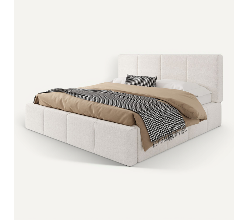 Lit Double Adulte 180x200 cm Capitonné- Sommier à Lattes, Tête De Lit, Rangement, Bouclé Beige