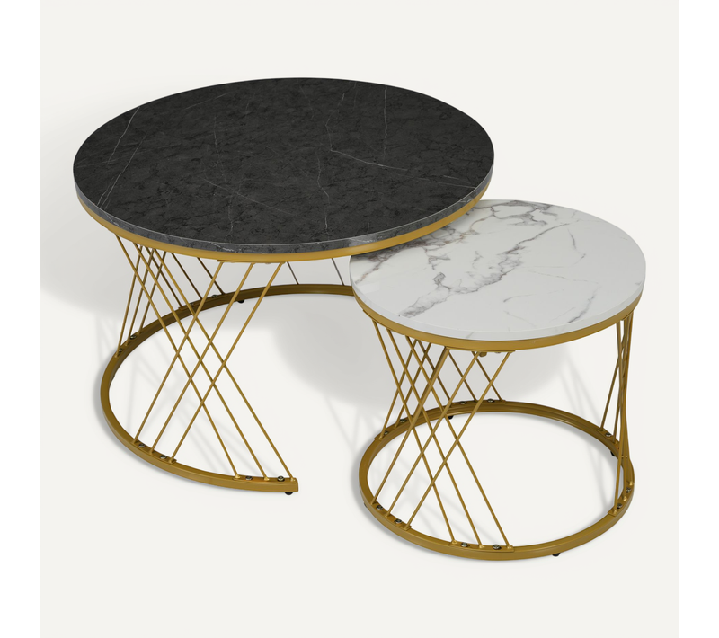 Table Basse Moderne Lot De 2– Gigognes Rondes, Cadre Métallique Doré, Gain De Place, Mdf Blanc/gris