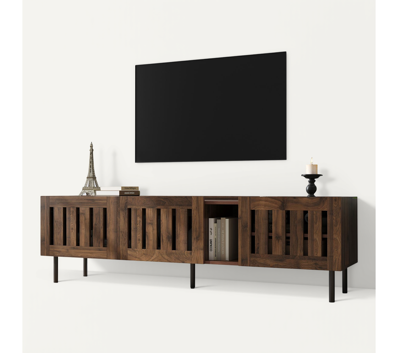 Meuble TV Bas – Rangement Pratique Et Design Ajouré, Compatible TV Jusqu’à 65", Mdf Finition Noyer