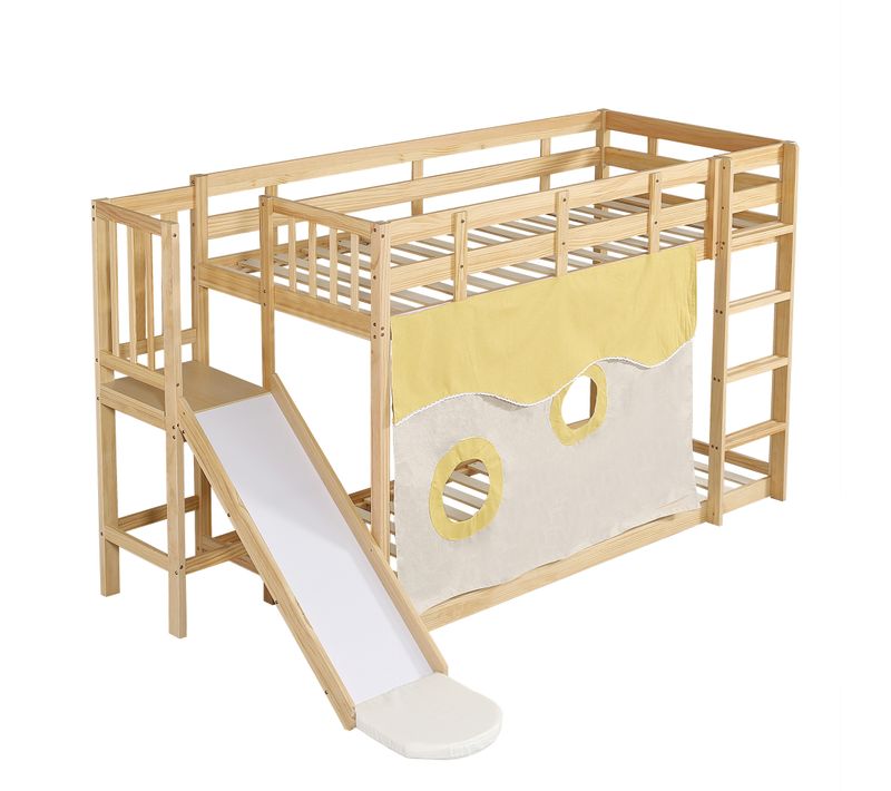 Lit Superposé Enfant 90x200 Cm Avec Toboggan Et Escalier, Barrières De Sécurité, Bois Naturel