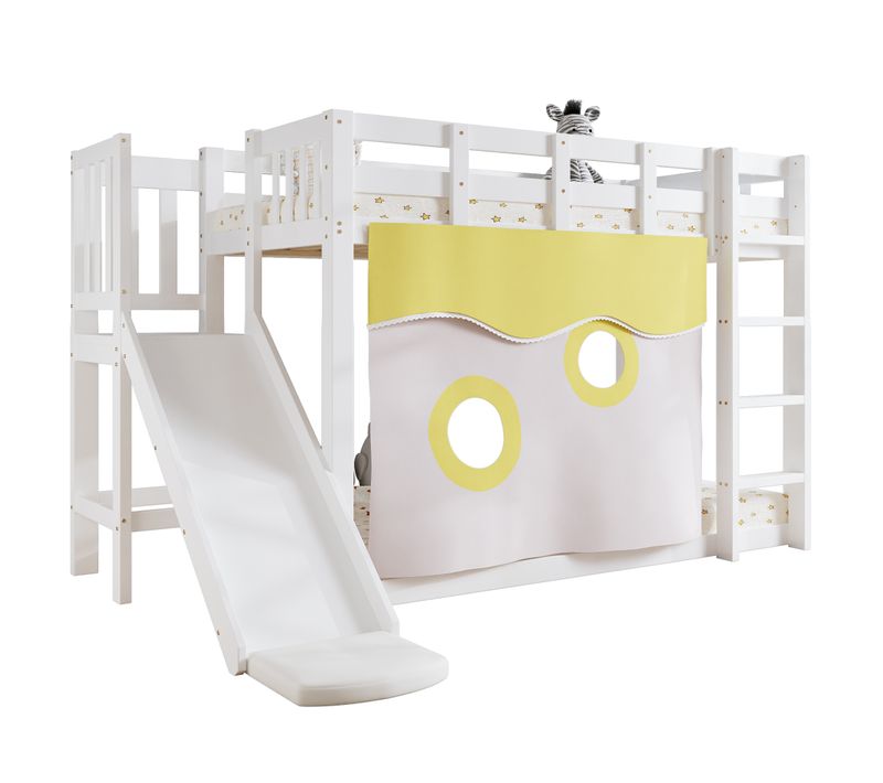 Lit Superposé Enfant 90x200 Cm, Toboggan, Escalier, Barrières De Sécurité, Rideaux, Mdf Pin Blanc