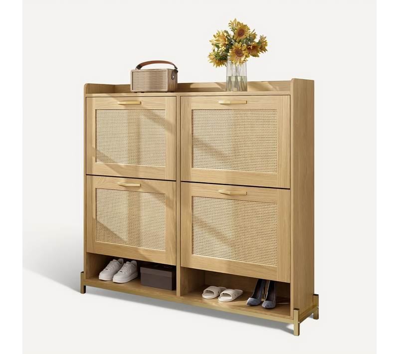 Meuble à Chaussures 4 Portes, Bois Avec Rangement Et Portes Rotin, Style Contemporain, Chêne Clair