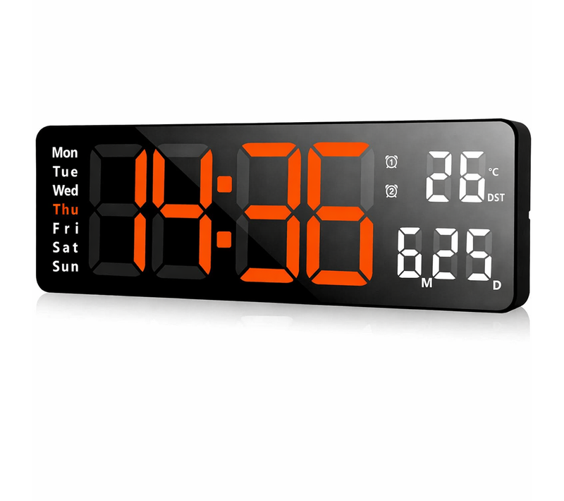 Horloge Murale LED 13", Télécommande, Date Et Température, 10 Niveaux, Abs Noir, Lumière Orange