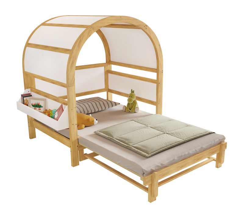 Lit Gigogne Enfant 140x200 cm - Extensible, Toit Arche, Rangement Latéral, Bois, Blanc + Naturel