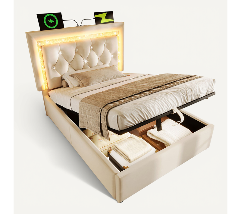 Lit Coffre Simple 90x200 Cm - LED Et Station De Charge USB, Rangement Hydraulique, Velours Beige