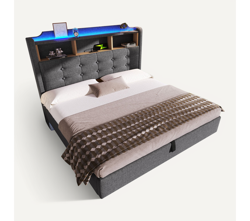 Lit Coffre Lit Double Avec USB, USB-c Et LED 140 × 200 Cm Matelas Non Inclus Gris