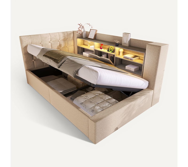 Lit Coffre 90×190 cm, Capitonné Simple Ado, LED, Ports USB Type-c, Tête De Lit Rangement, Lin Beige