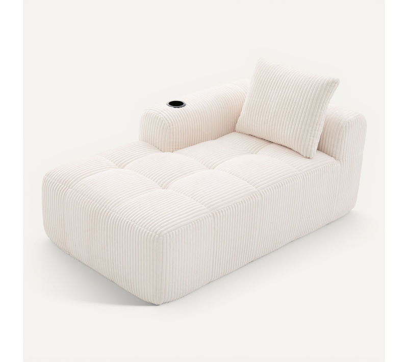 Canapé Méridienne Sans Assemblage, Porte-gobelet, Poches Latérales, Coussin, Velours Côtelé Beige