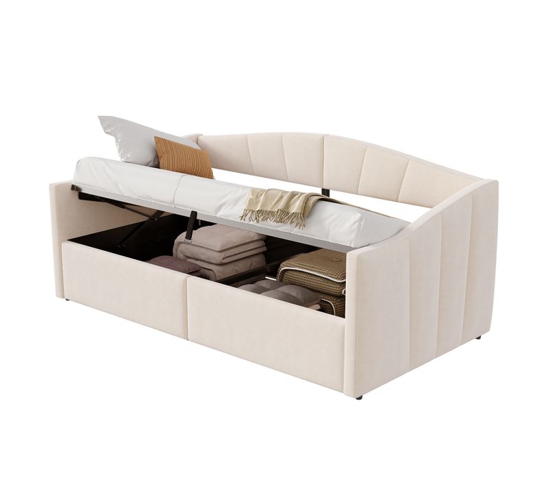 Lit Simple 90×200 Cm, Coffre Hydraulique, Accoudoirs Et Dossier, Velours Beige